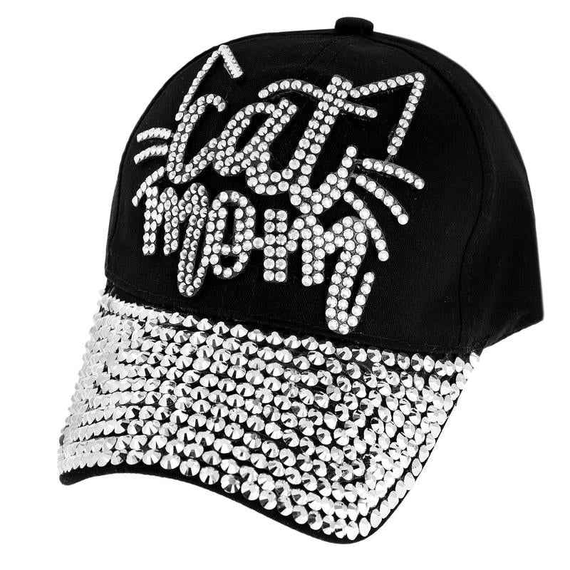 Rhinestone Encrusted Cat Mom and Brim Denim Baseball Cap - Black