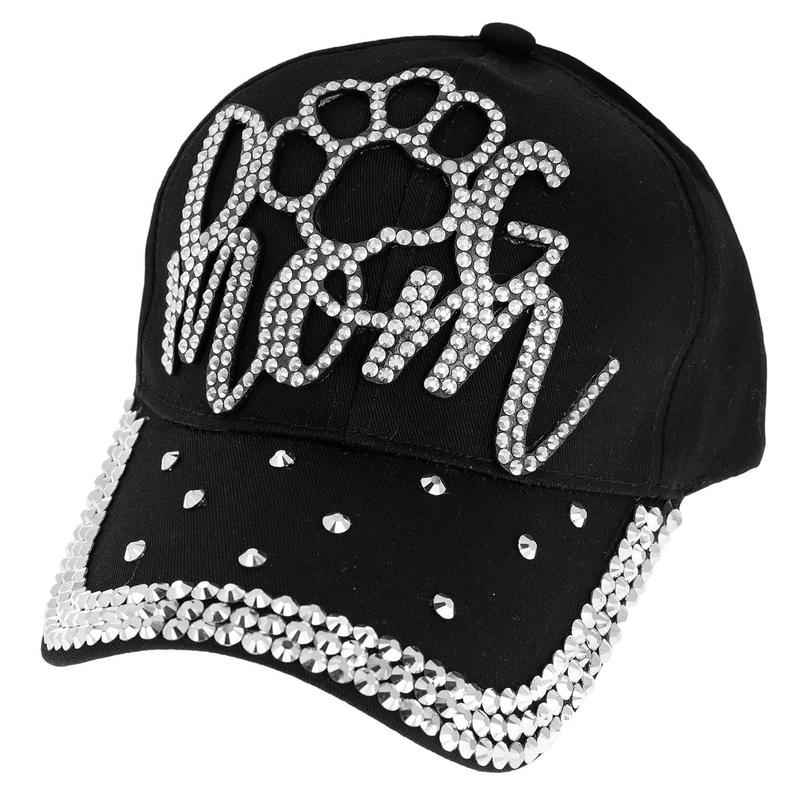 Rhinestone Encrusted Paw Print Dog Mom Baseball Cap - Black