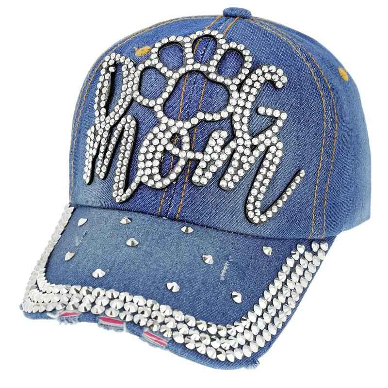Rhinestone Encrusted Paw Print Dog Mom Baseball Cap - Denim