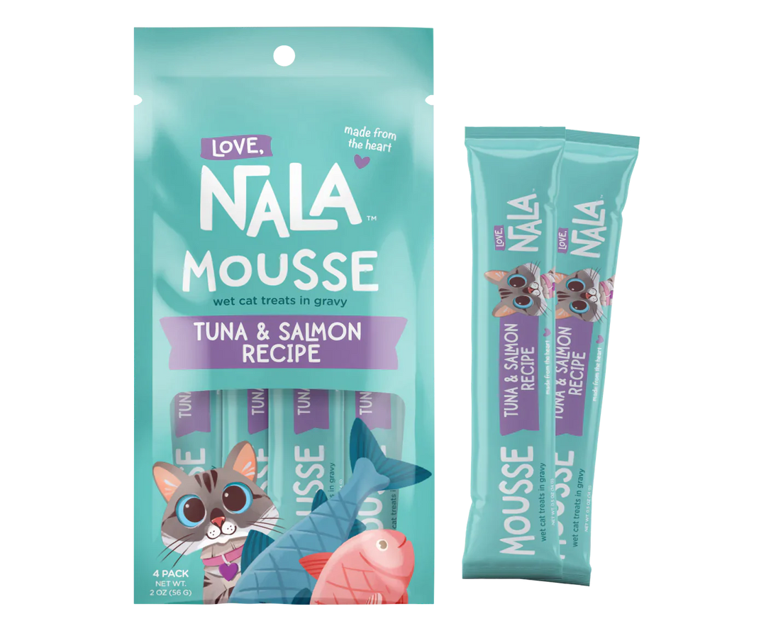 Assorted Love, Nala products including tuna salmon cat treats packaging