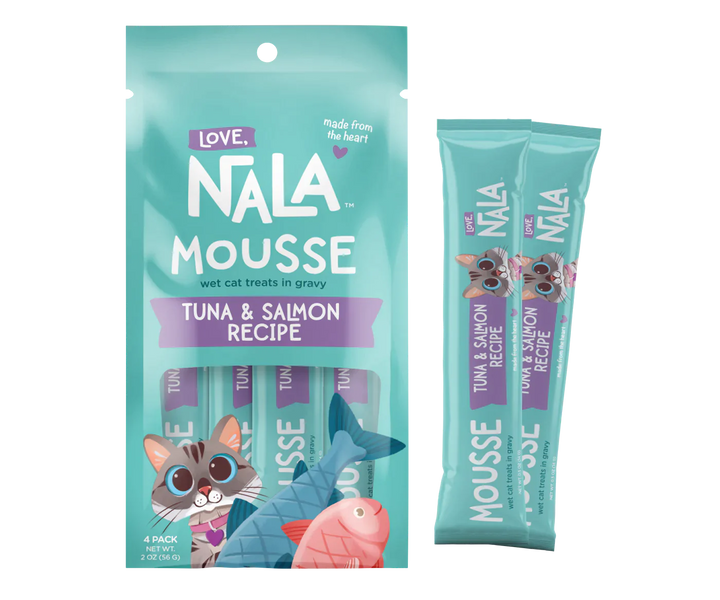 Assorted Love, Nala products including tuna salmon cat treats packaging