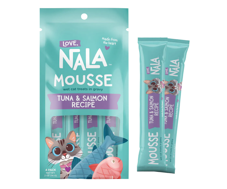 Assorted Love, Nala products including tuna salmon cat treats packaging