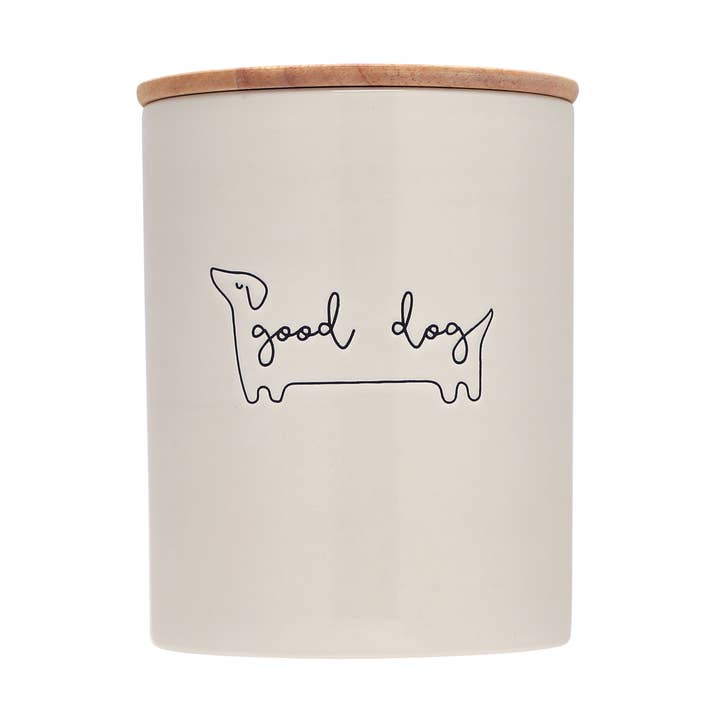 Compact ceramic dog treat jar with smooth white finish and wood lid